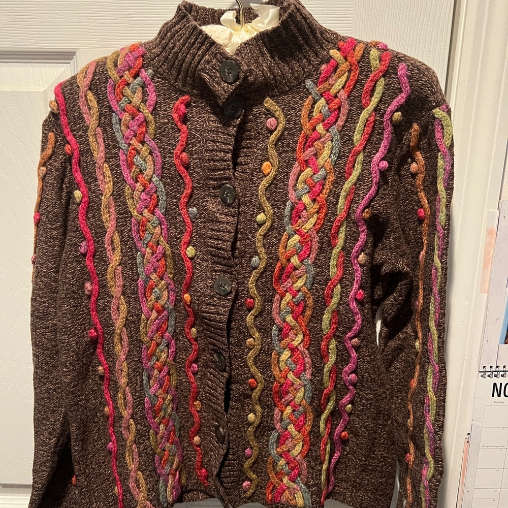 Talbots Brown Cable Knit Cardigan with Multicolor Accents - Picture 2 of 5